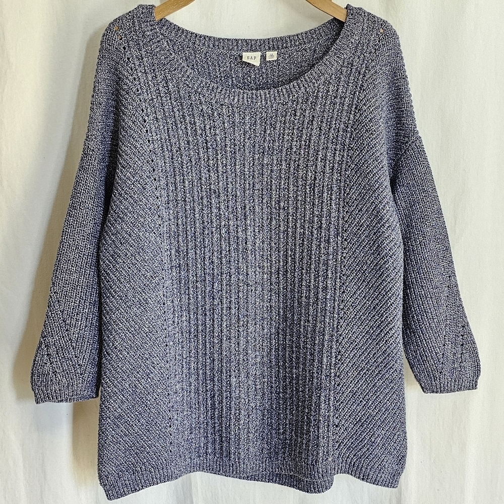 GAP Navy Blue 3/4 Sleeve Round Neck Pointelle Knit Sweater